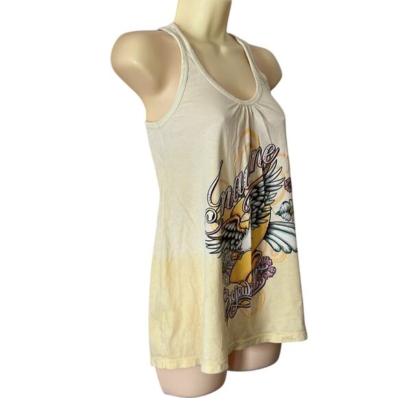 Bejeweled Size S Yellow Embellished Tank Top Woman Size Small Tattoo Print - Picture 2 of 8